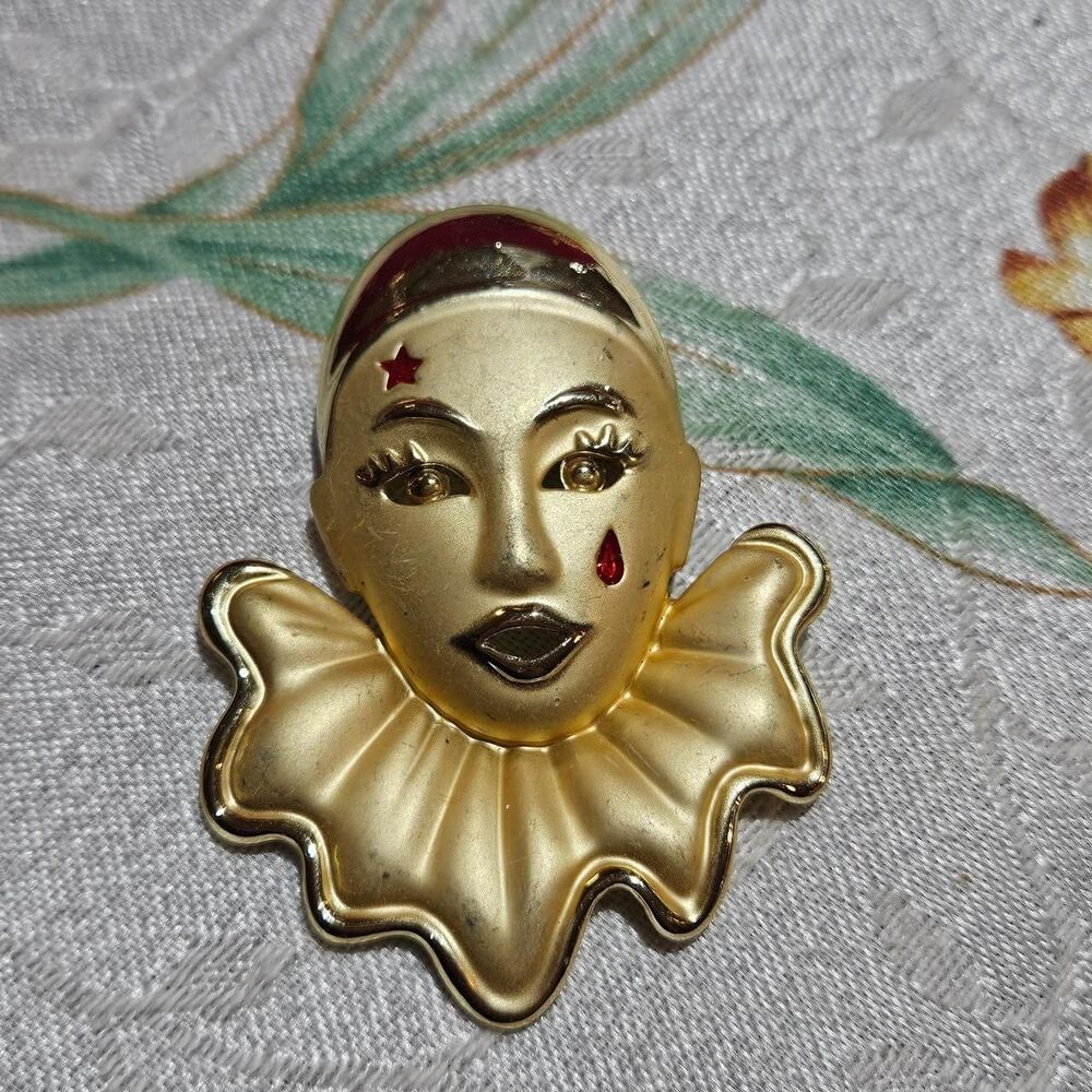 vintage clown harlequin gold tone brooch